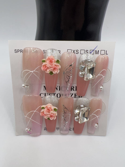 Long Coffin Press-On Nails with Rhinestone & Charms – 9 Designs, Medium Size