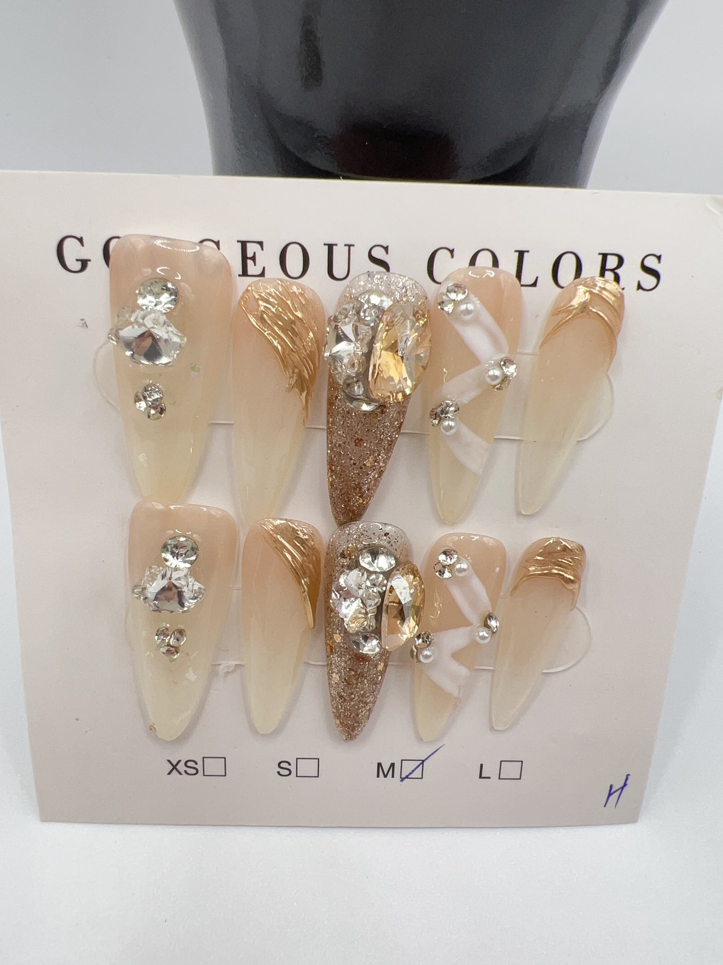 Long Stiletto Press On Nails with Rhinestone Charms – 10 Designs, Medium Size
