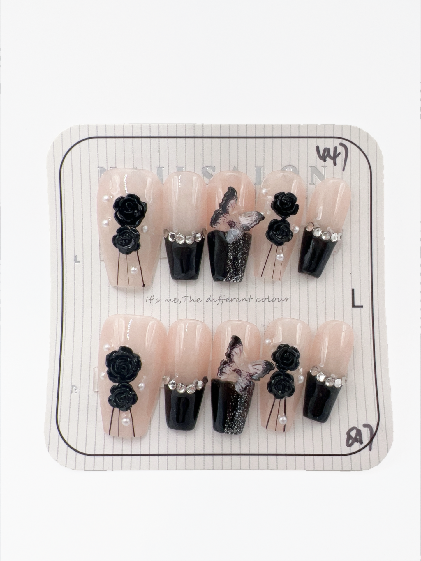 Medium Coffin Press On Nails with Rhinestone and 2D Flower