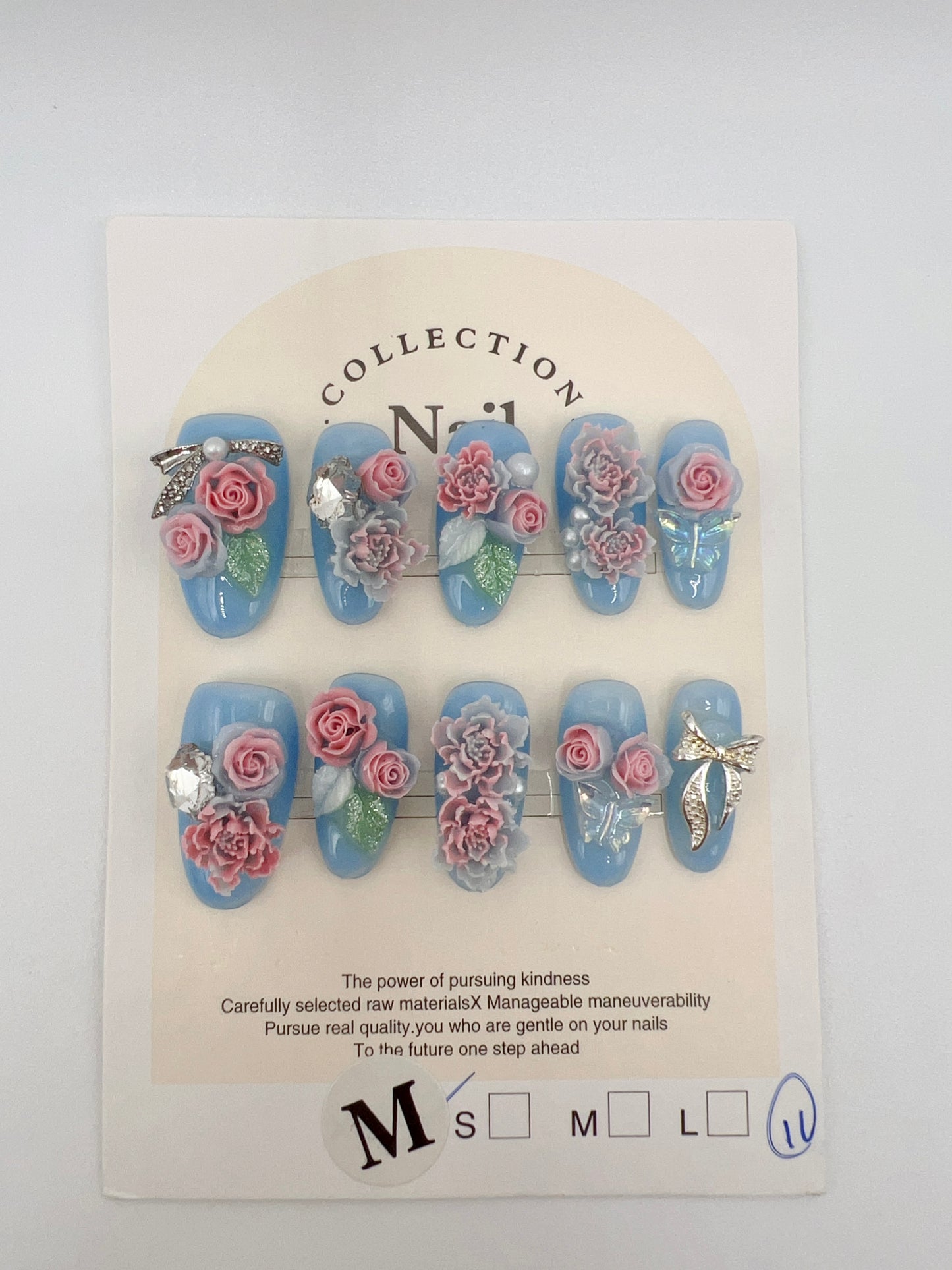 Blue Medium Oval Press On Nails with Rhinestone and 2D Flowers – Medium Size