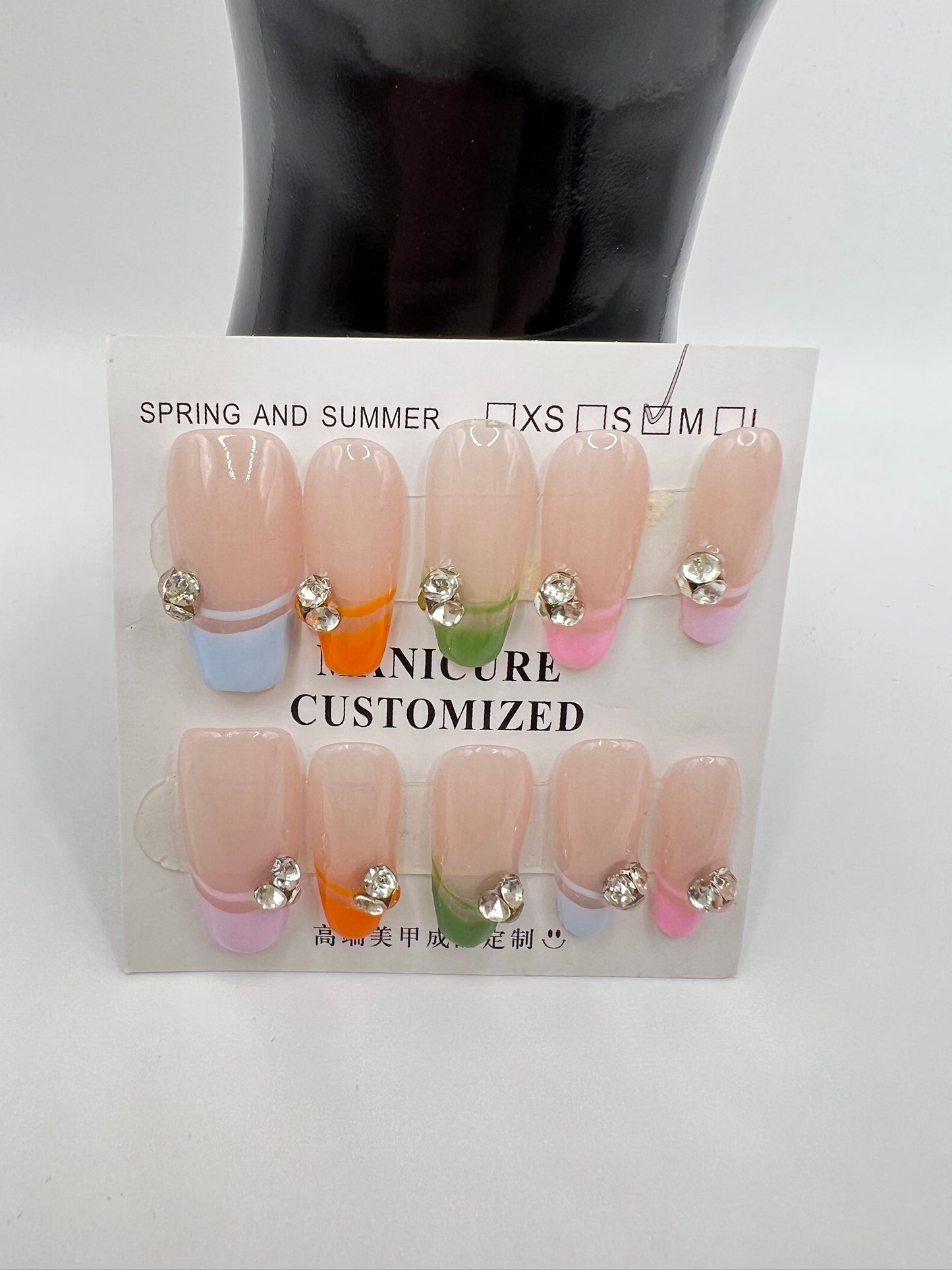 Medium Length Coffin Press On Nails with Rhinestone Charms – 10 Designs, Medium Size