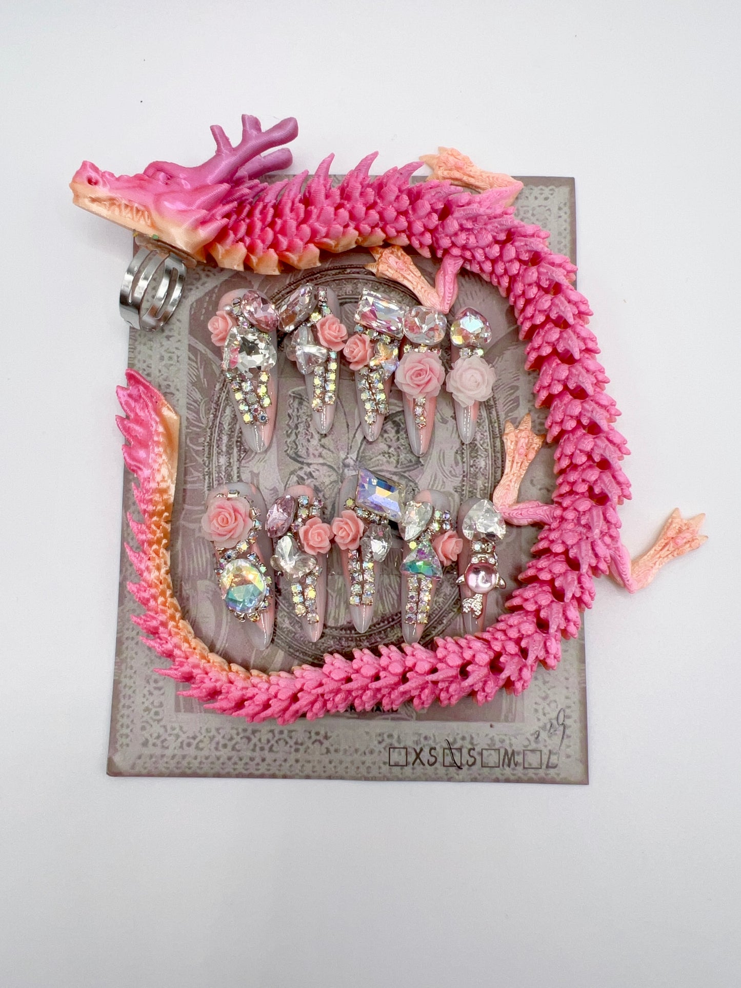 Luxury Rhinestone Press-On Nails with 3D Flower Charms & Dragon Rings – Long Stiletto, Small Size, Reusable