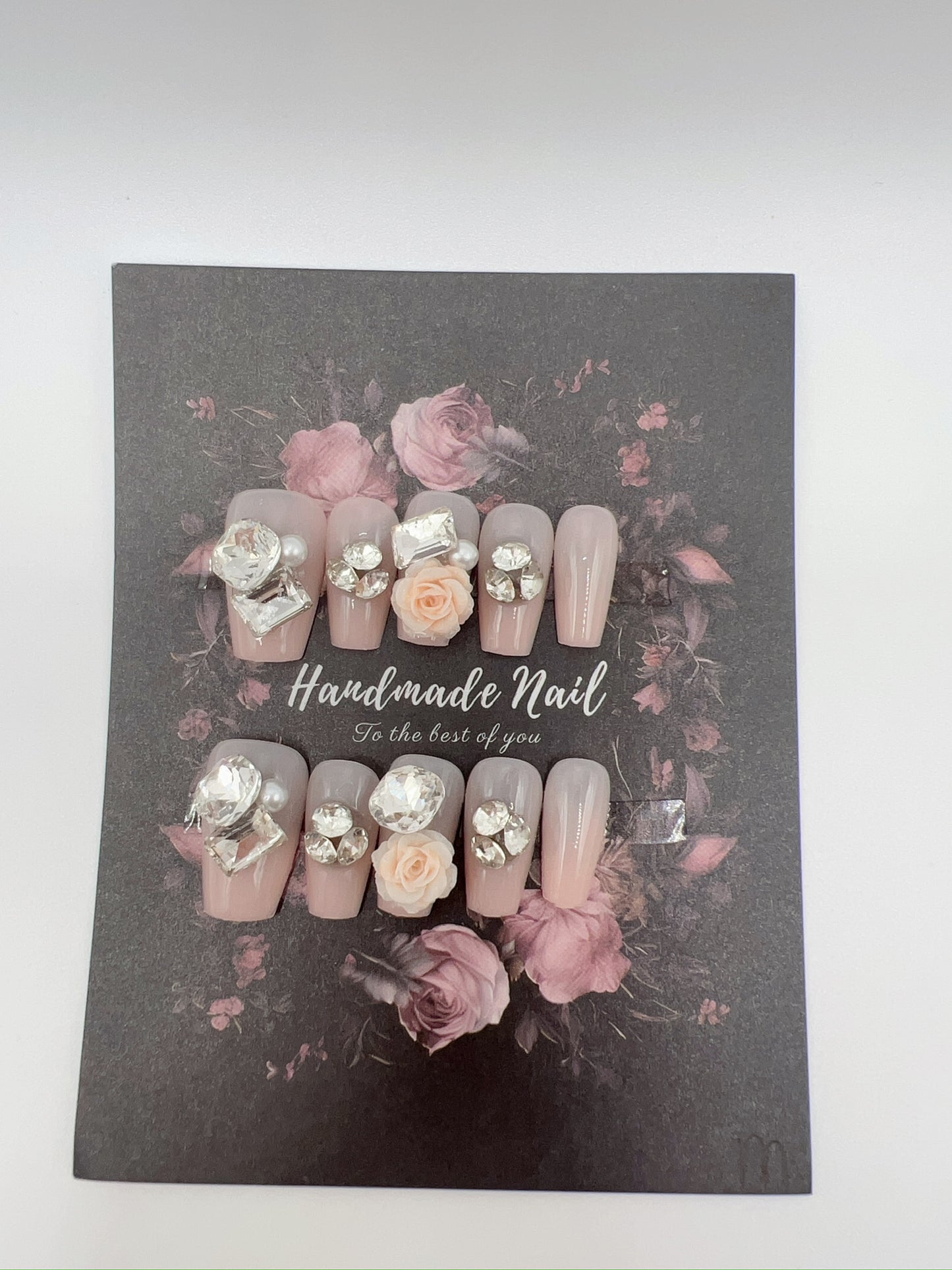 Short Coffin Press-On Nails with Rhinestones & 2D Flower – Medium Size