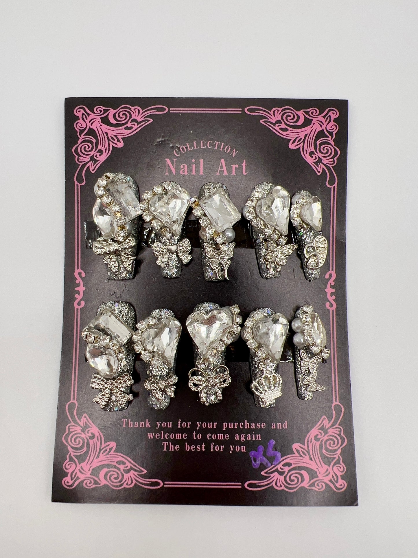 Luxury Rhinestone & Charm Press-On Nails – Glitter Coffin Long Length, XS Size