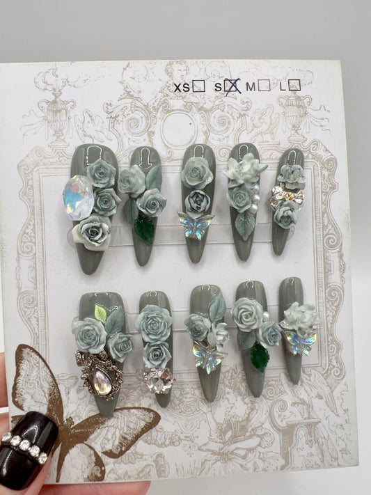 Long Stiletto Press On Nails with Rhinestone & 2D Flowers – Small Size