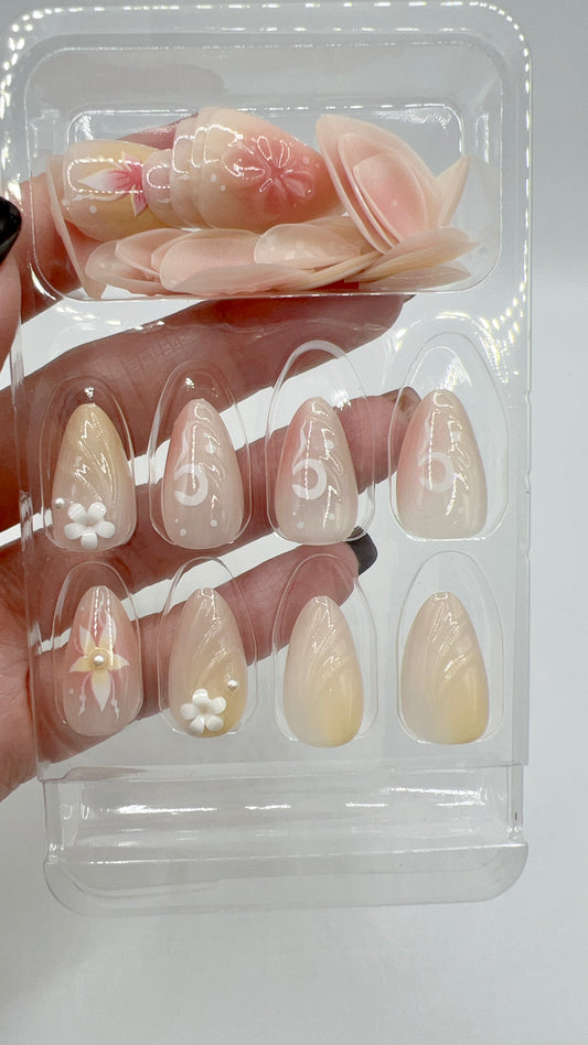 24 pcs Almond Press-On Nails – Flower & Pearl, Yellow and Pink Gradient, Elegant Style