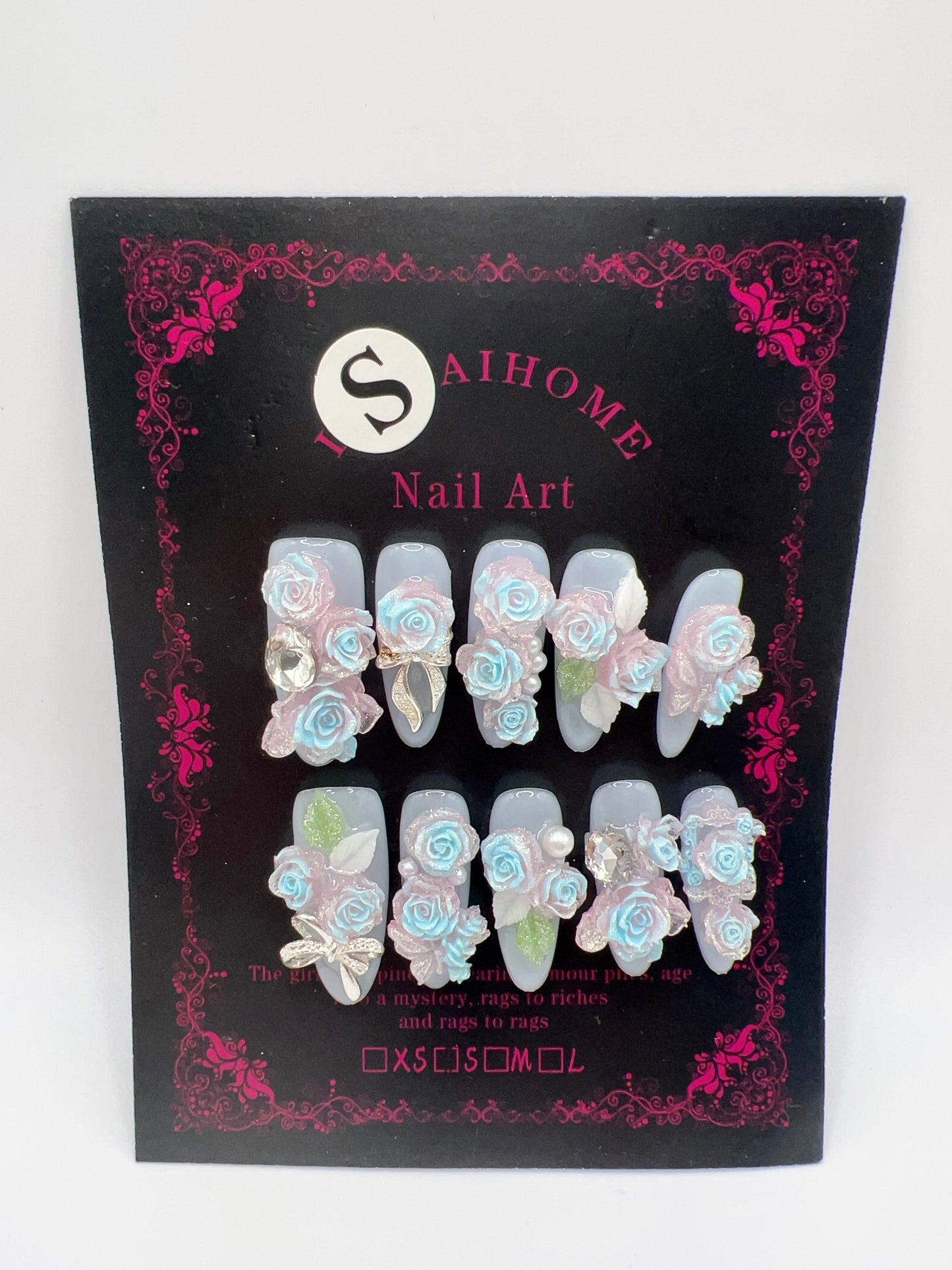 Long Oval Press On Nails with Rhinestone & 2D Flowers – Small Size