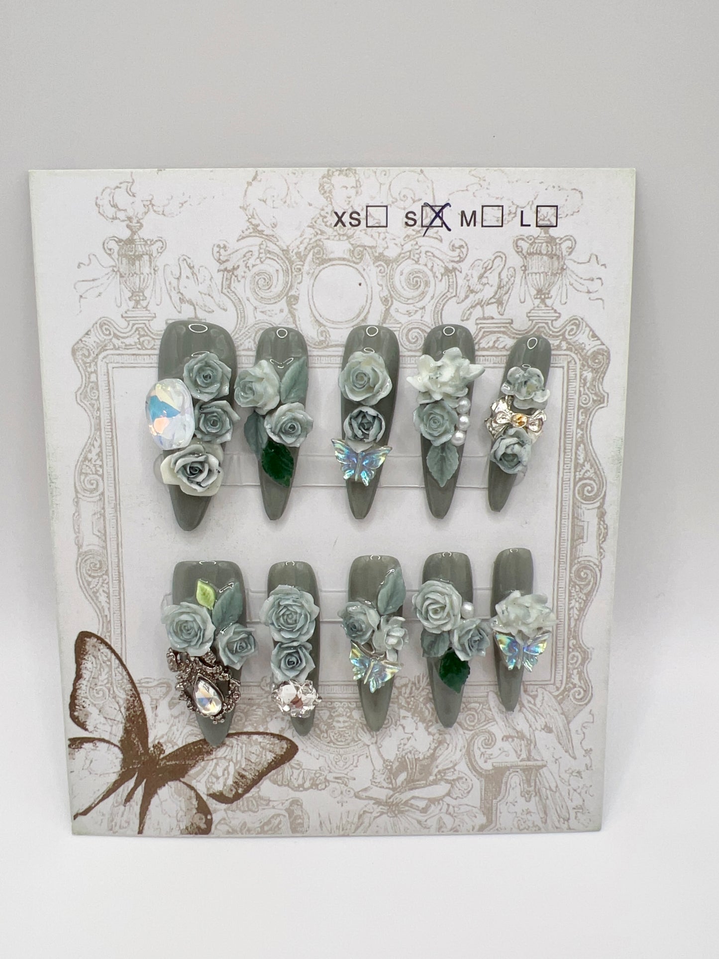 Purple Long Stiletto Press On Nails with Rhinestone 2D Flowers – Small Size