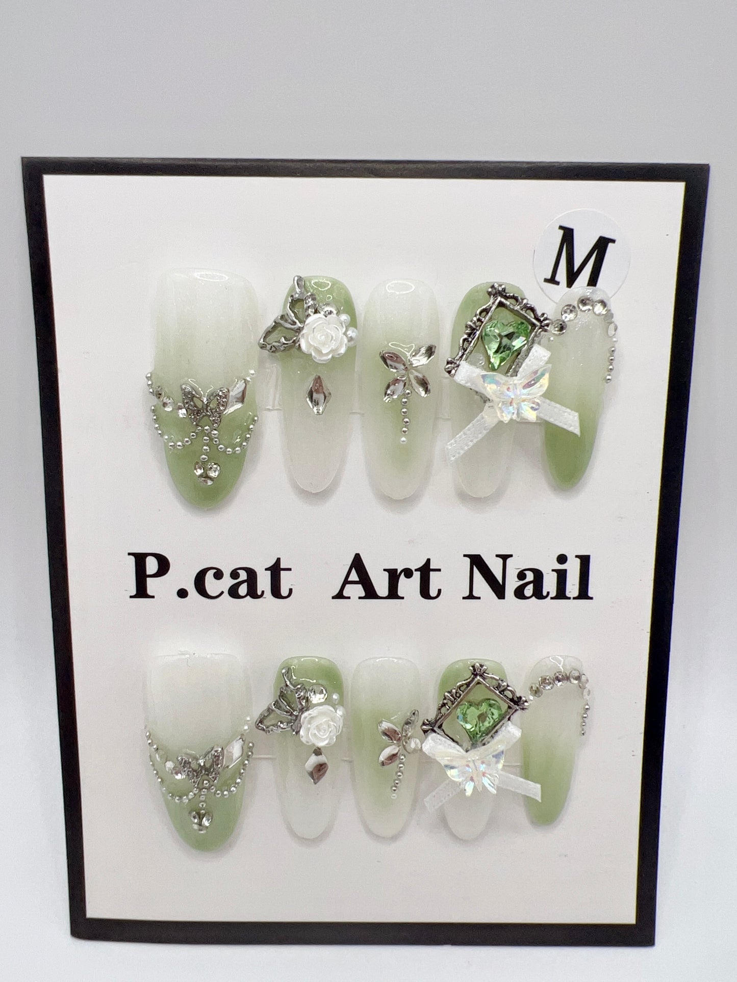 Long Oval Green Gradient Press On Nails with Charms – Medium Size