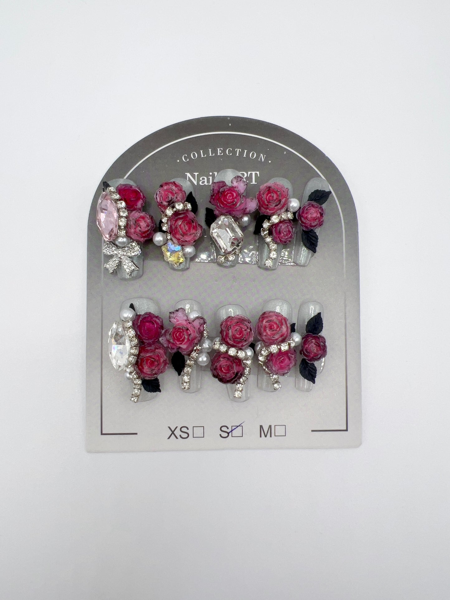 Luxury Rhinestone Press-On Nails with 3D Flower Charms – Long Coffin Shape, Smail Size, Reusable