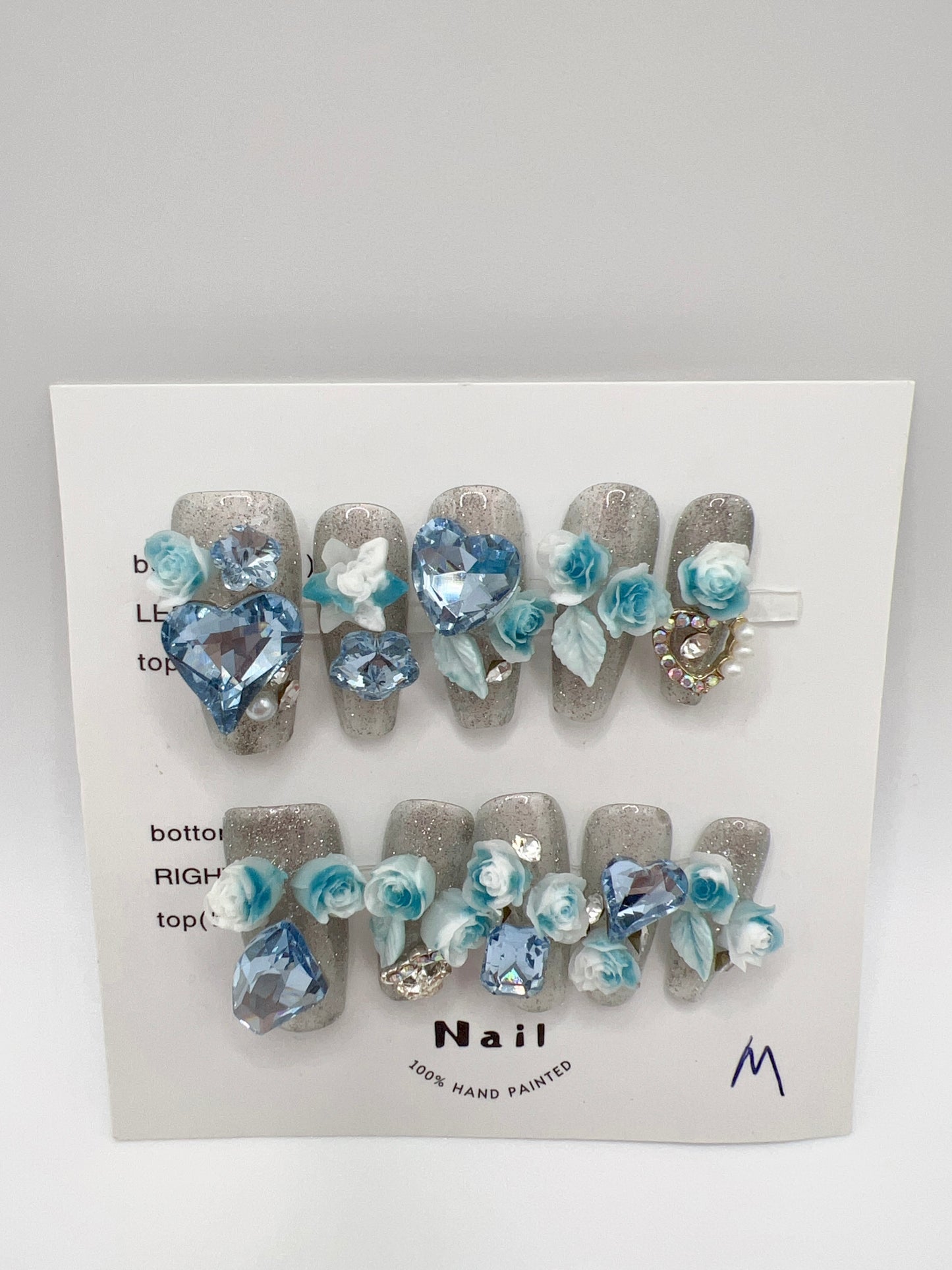 Glitter Medium Coffin Press On Nails with Rhinestone and 2D Flower Charms