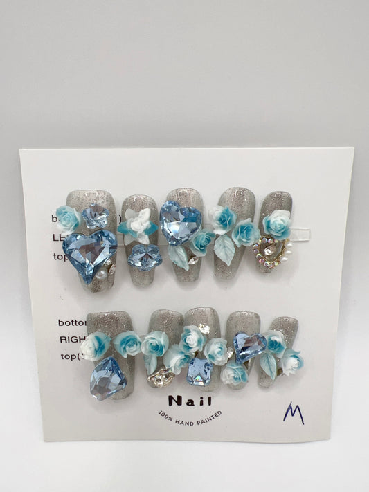 Glitter Medium Coffin Press On Nails with Rhinestone and 2D Flower Charms