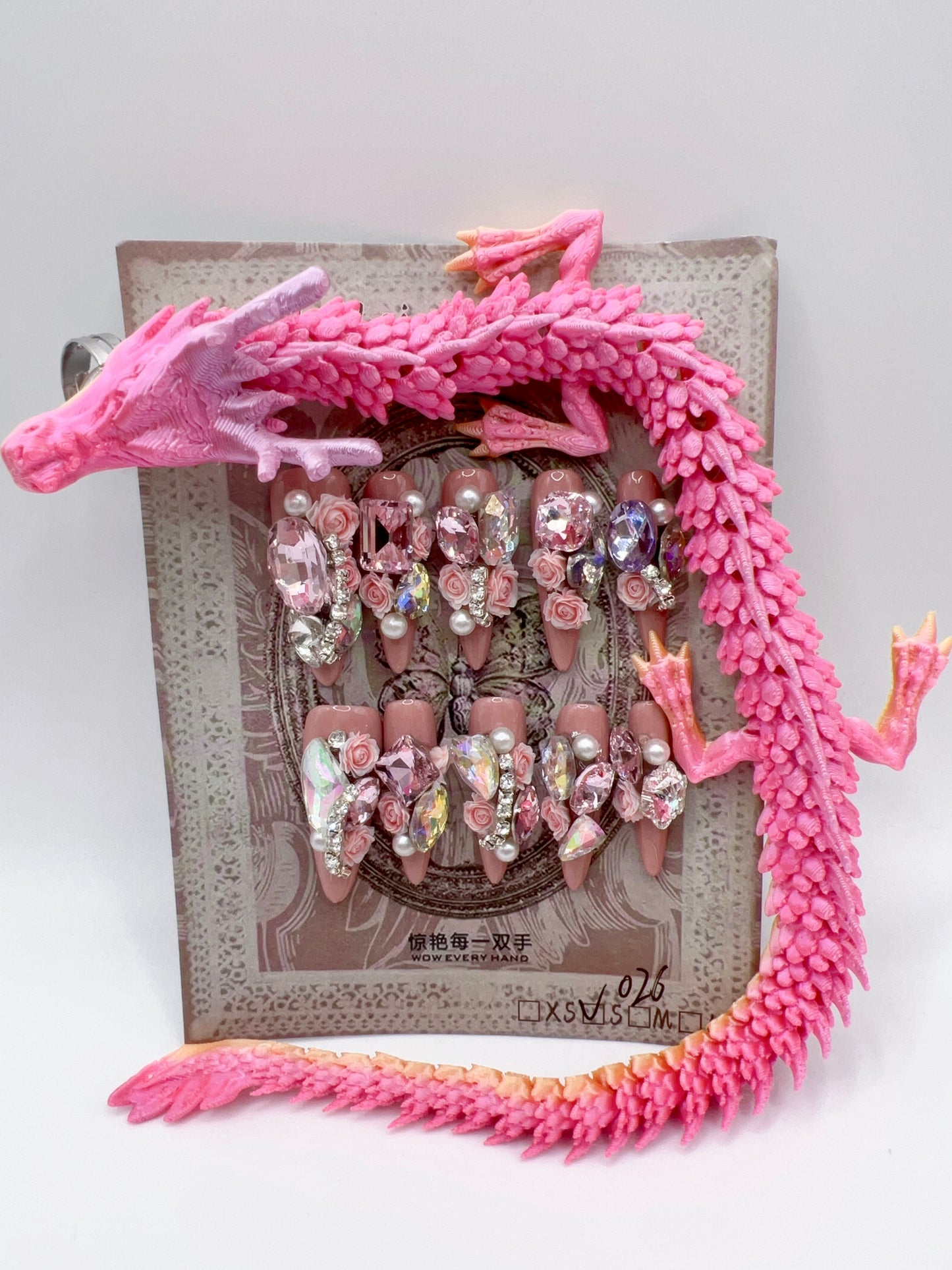 Luxury Rhinestone Press-On Nails with 3D Flower Charms & Dragon Rings – Long Stiletto, Small Size, Reusable