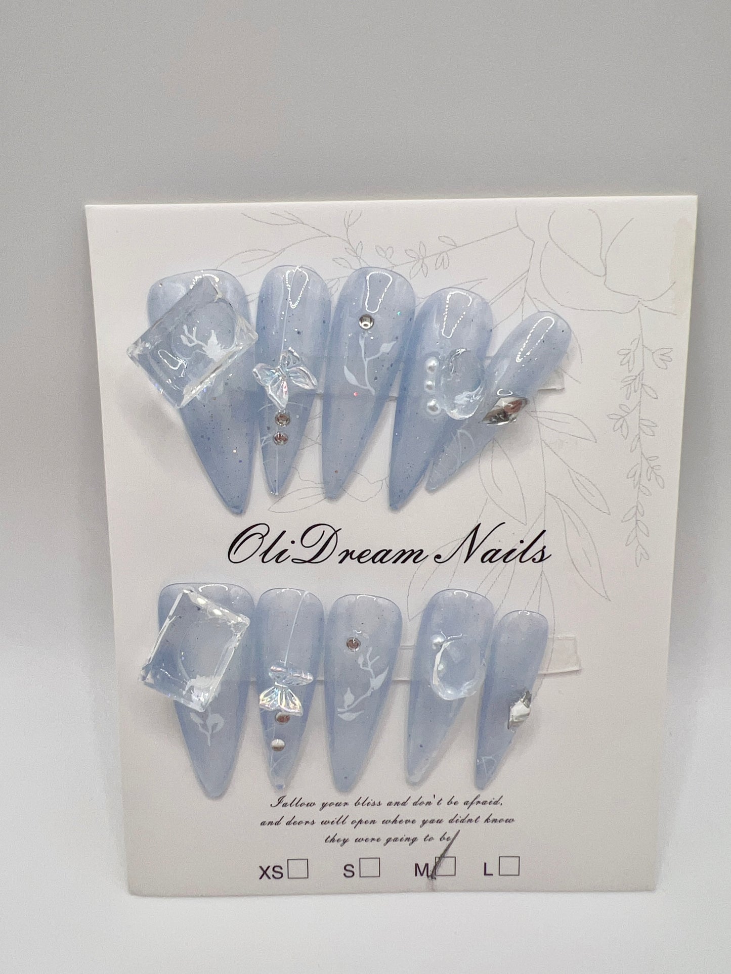Blue Long Stiletto Press On Nails with Charms – Medium Size