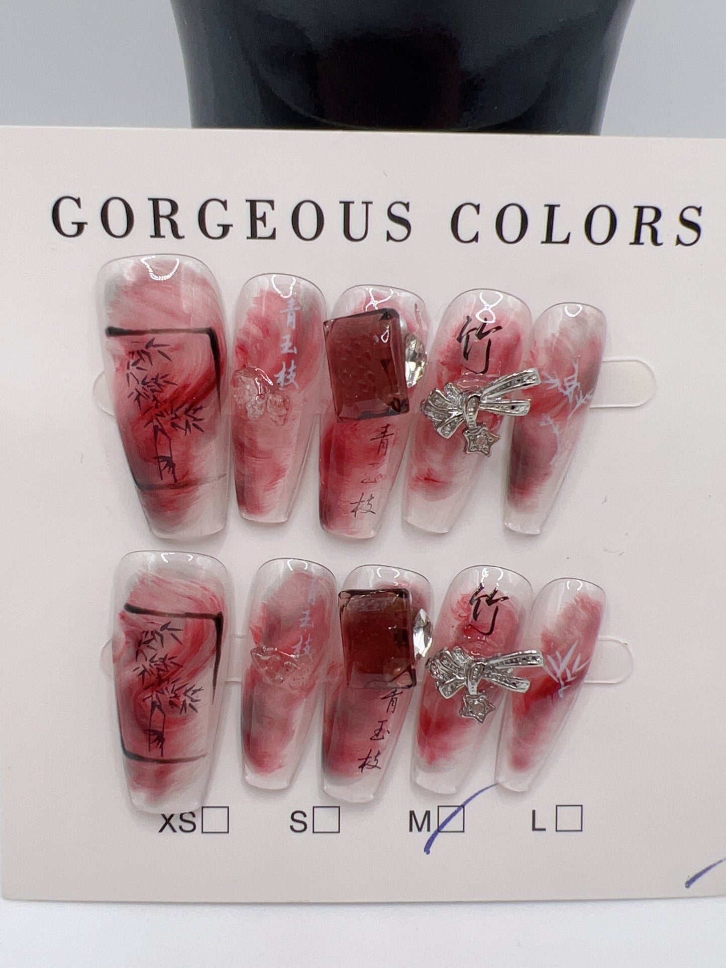 Long Coffin Press On Nails with Rhinestone Charms – 10 Designs, Medium Size