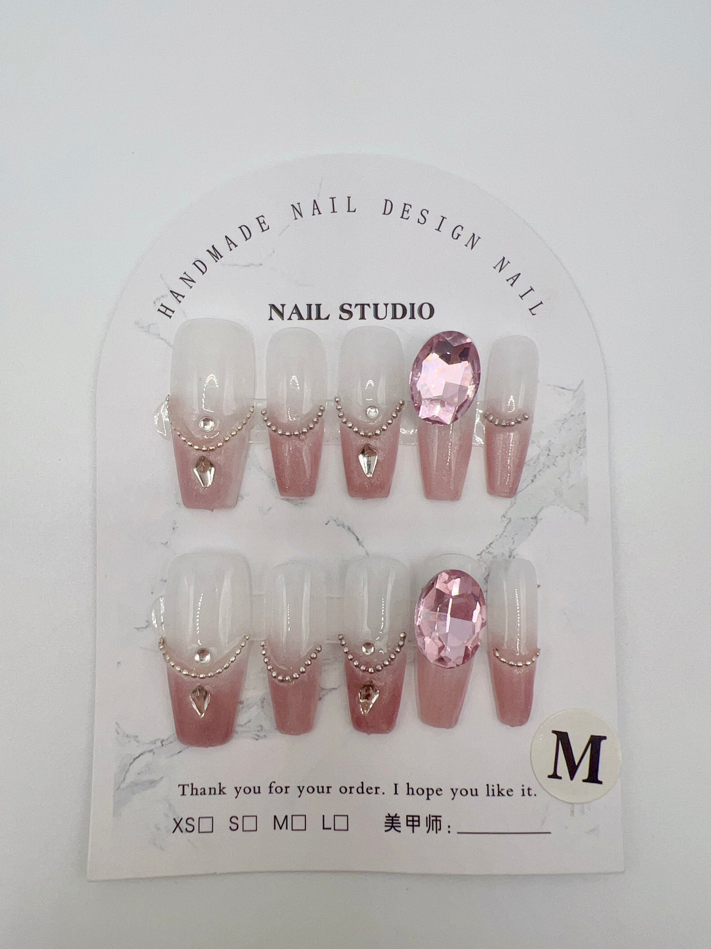 Long Coffin French Tip Press On Nails with Rhinestone – Medium Size