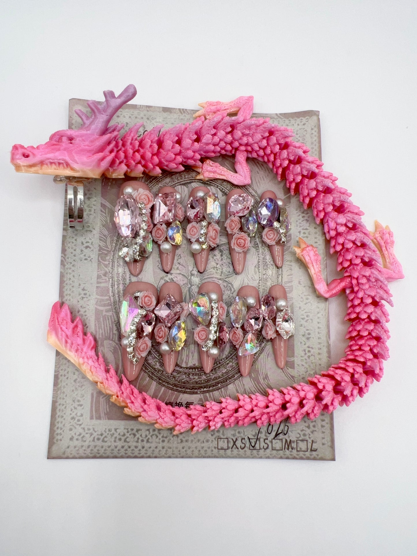 Luxury Rhinestone Press-On Nails with 3D Flower Charms & Dragon Rings – Long Stiletto, Small Size, Reusable