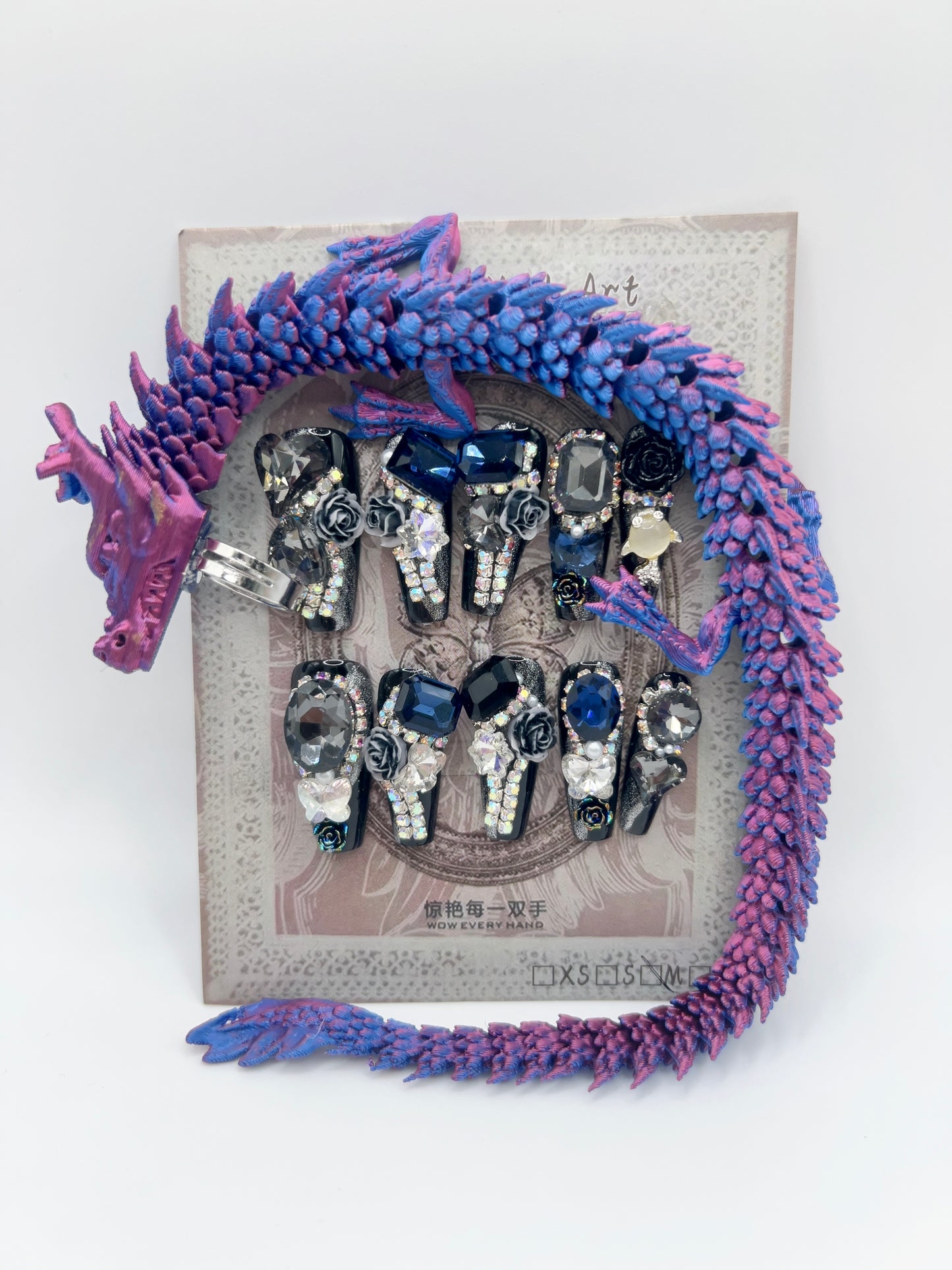 Luxury Rhinestone Press-On Nails with 3D Flower Charms & Dragon Rings – Long Coffin, Medium Size, Reusable