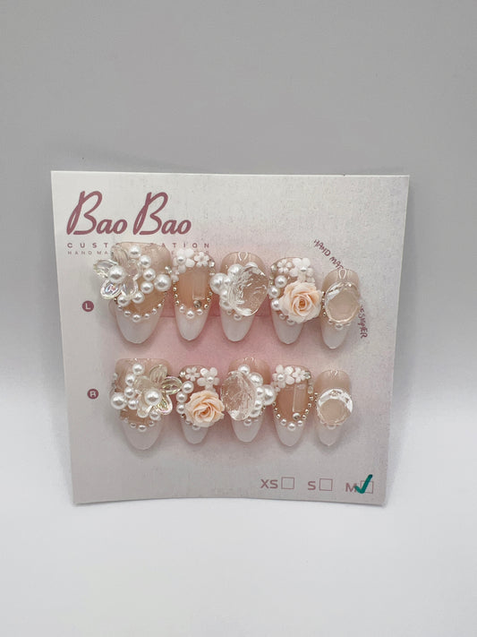 Luxury Almond Press-On Nails with Heavy Rhinestones & 2D Flower Charms French tip – Medium Size