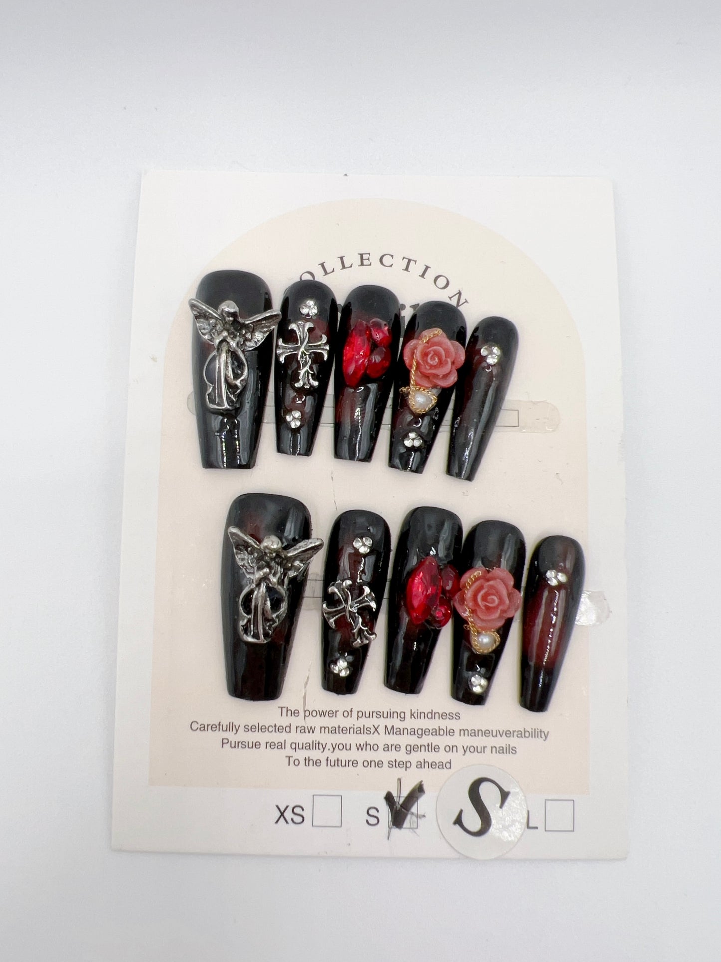 Long Coffin Black and Red Gradient Press On Nails with Rhinestone – Small Size