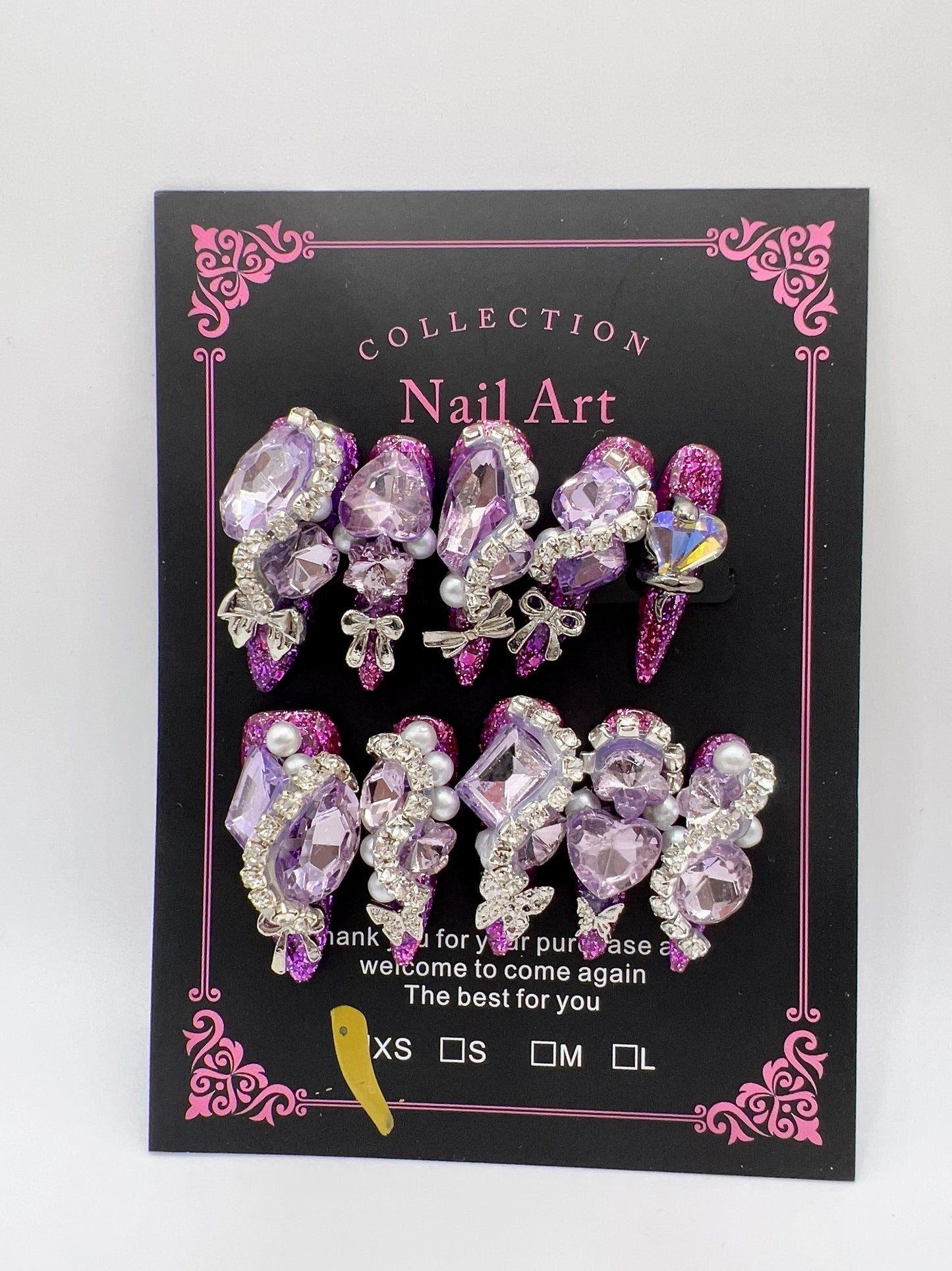 Luxury Rhinestone & Charm Press-On Nails – Glitter Stiletto Long Length, XS Size