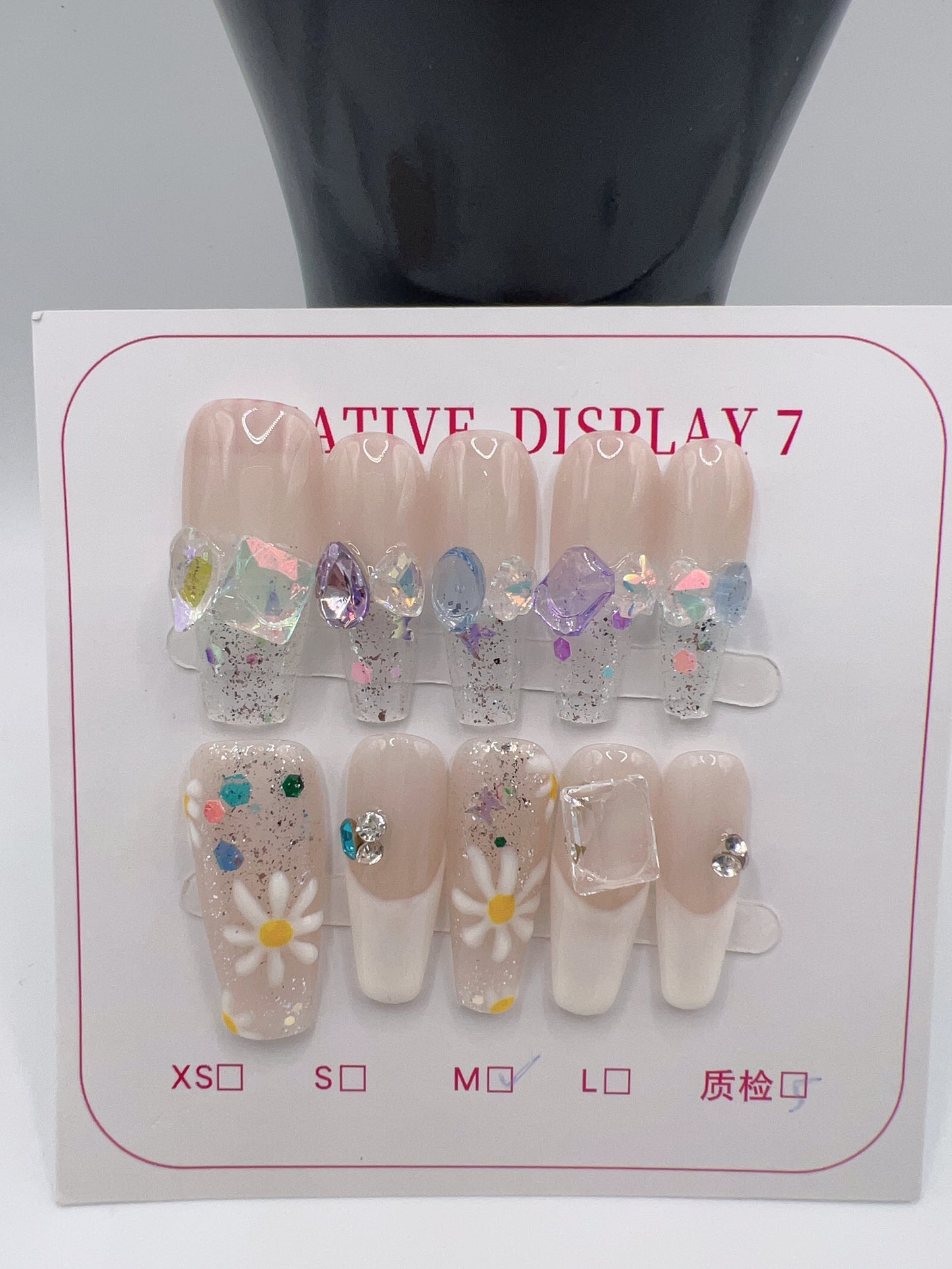 Long Coffin Press On Nails with Rhinestone Charms – 10 Designs, Medium Size