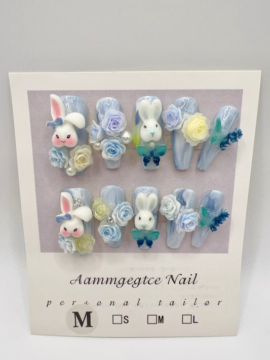Luxury Long Coffin Press On Nails with Bunny & 2D Flower Charms