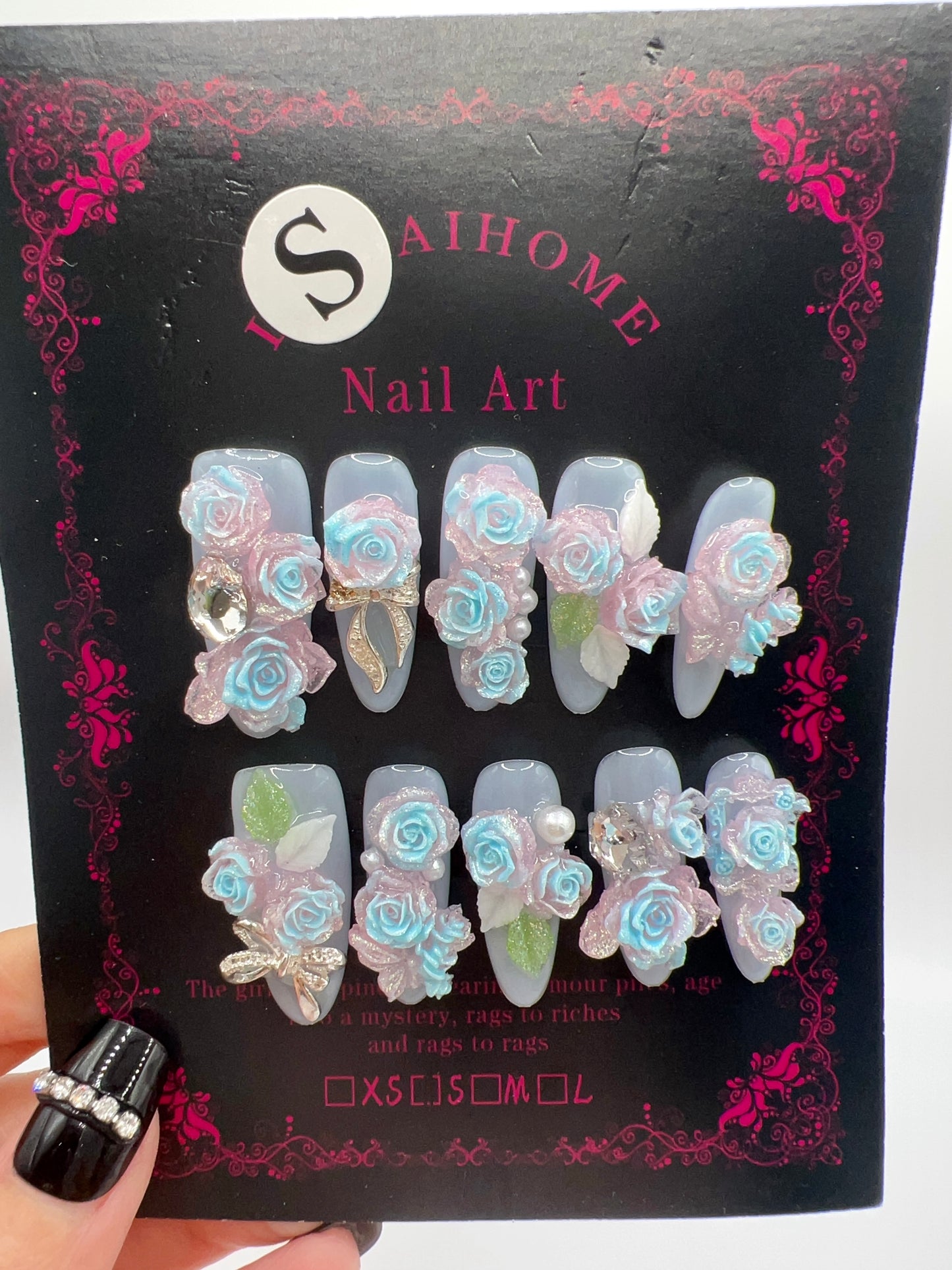 Long Oval Press On Nails with Rhinestone & 2D Flowers – Small Size