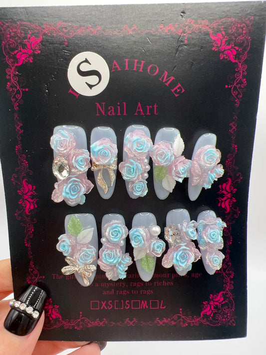 Long Oval Press On Nails with Rhinestone & 2D Flowers – Small Size