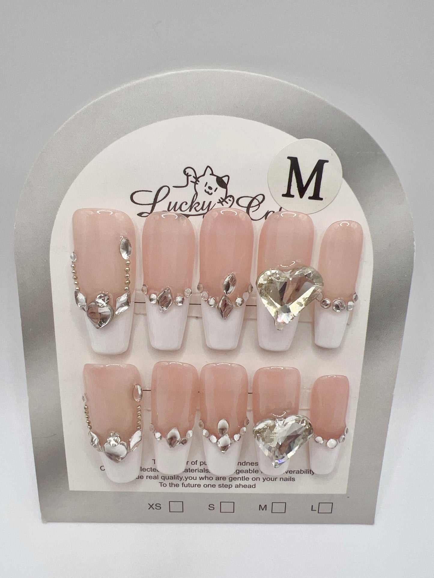 Long Coffin French Tip Press On Nails with Rhinestone – Medium Size