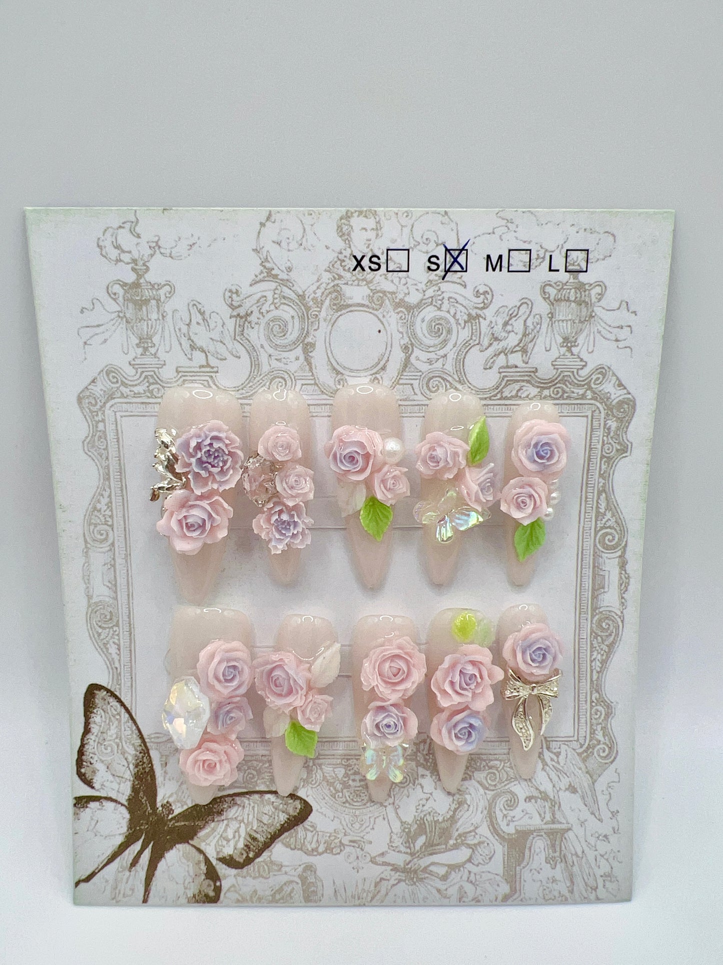 Long Stiletto Press On Nails with Rhinestone & 2D Flowers – Small Size