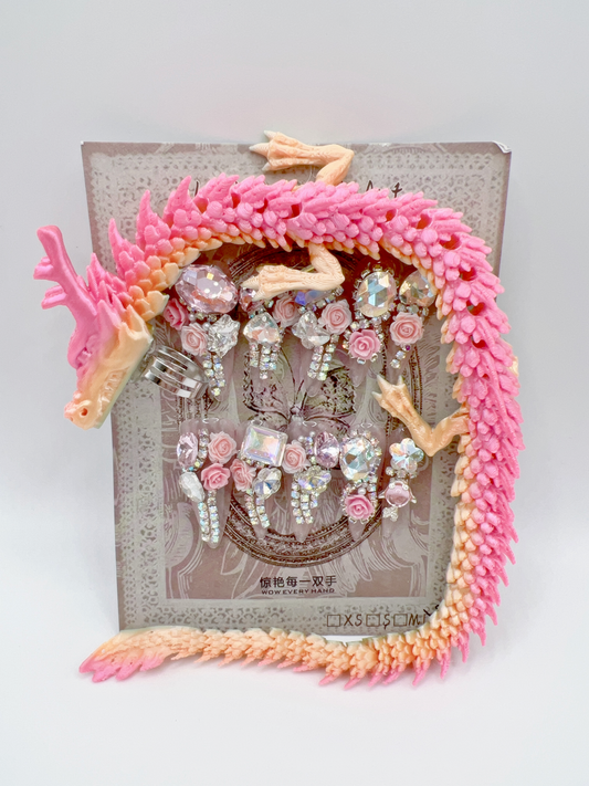 Luxury Rhinestone Press-On Nails with 3D Flower Charms & Dragon Rings – Long Stiletto, Large Size, Reusable