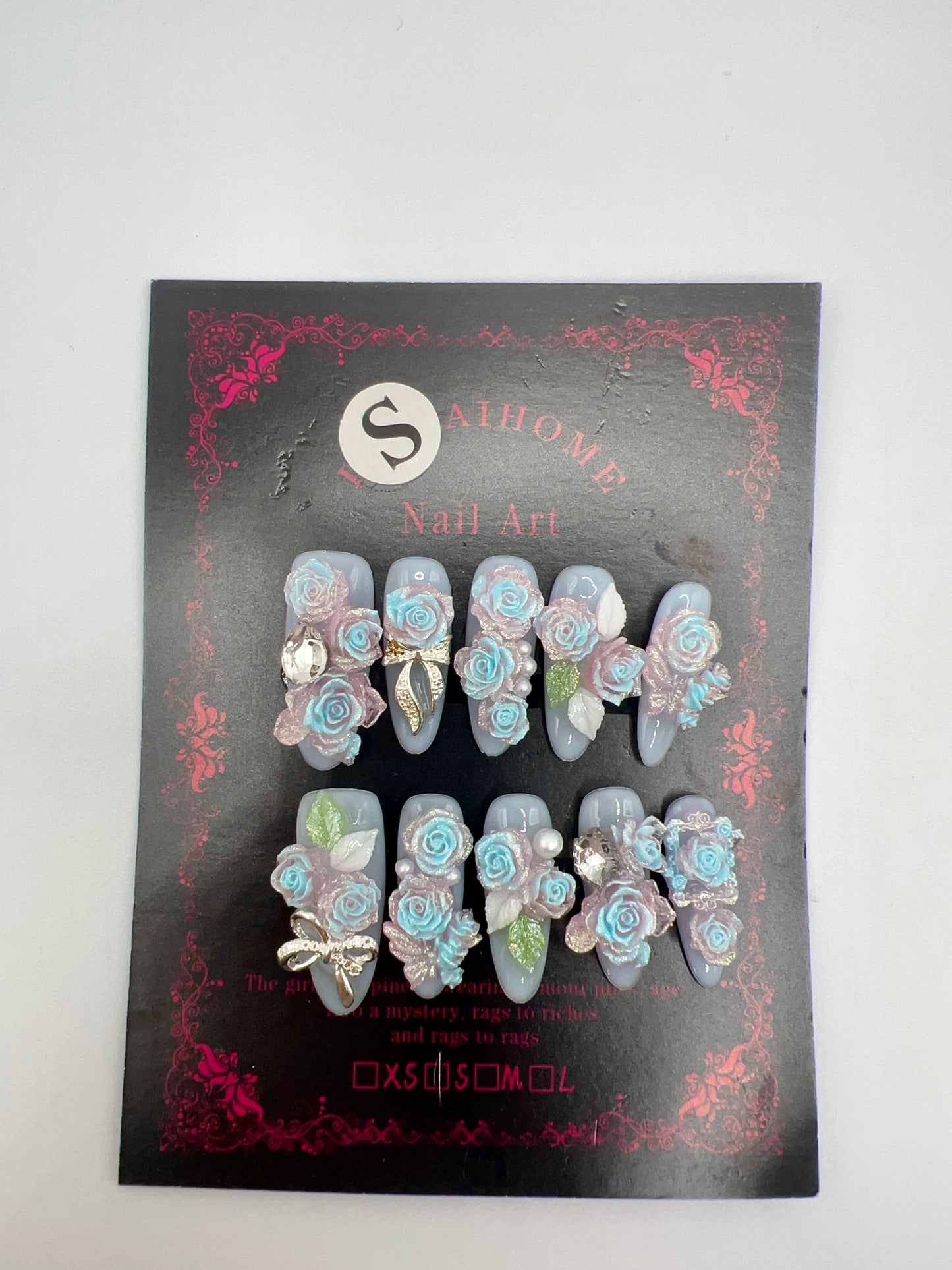 Long Oval Press On Nails with Rhinestone & 2D Flowers – Small Size