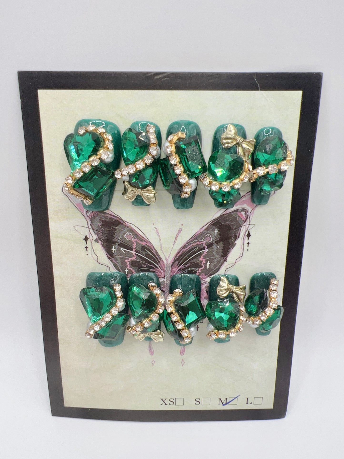 Luxury Green Medium Coffin Press On Nails with Rhinestone & Charms – Medium Size