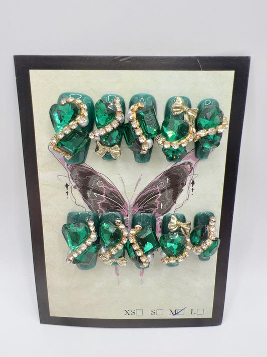 Luxury Green Medium Coffin Press On Nails with Rhinestone & Charms – Medium Size