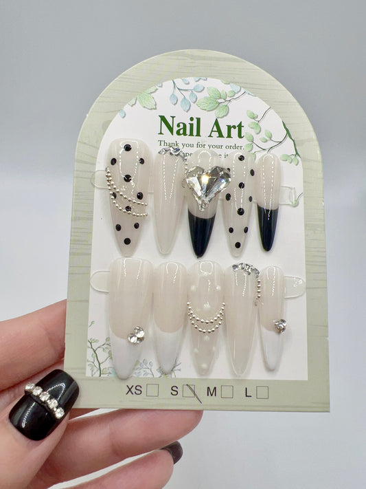 Long Stiletto Press On Nails with Rhinestone & French Style – Small Size