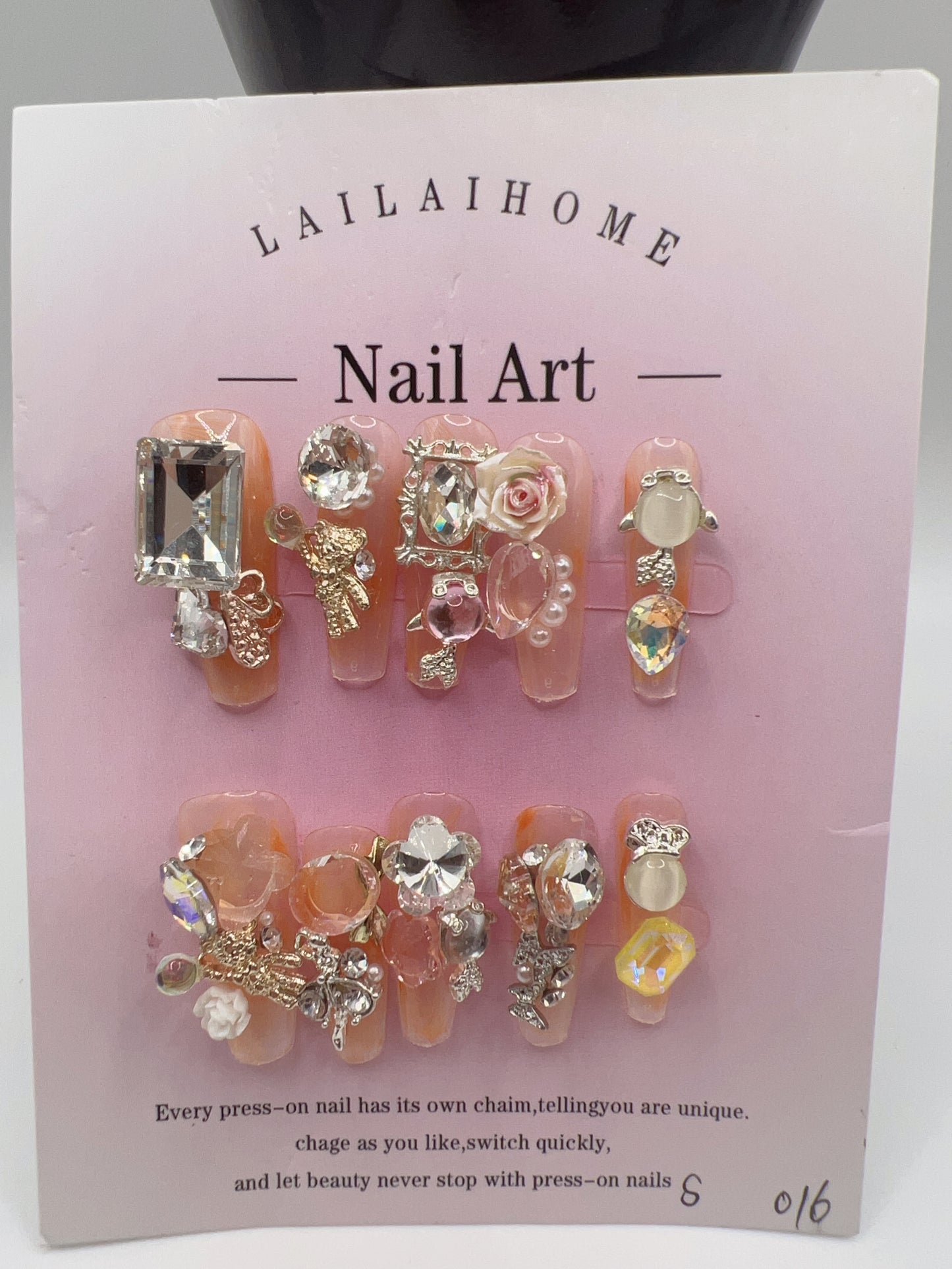 Long Coffin Press-On Nails with Heavy Rhinestones & 2D Flower Charms – 10 Designs, Small Size