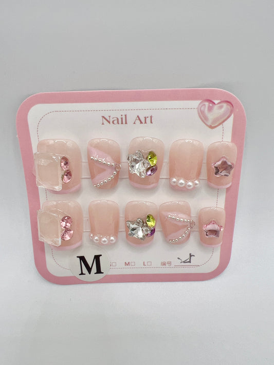 Pink Short Square Press On Nails with Rhinestone – Medium Size