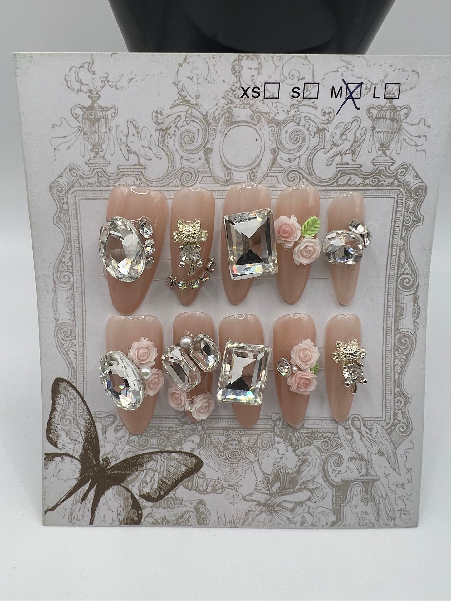 Long Oval Press On Nails with Rhinestone Charms – Glam Fake Nails, Medium Size, 10 Designs