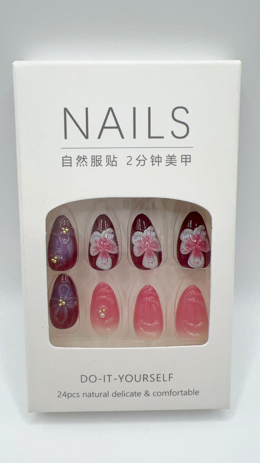 24 pcs Almond Press-On Nails – Flower Design, Wine Red & Pink, Elegant Style
