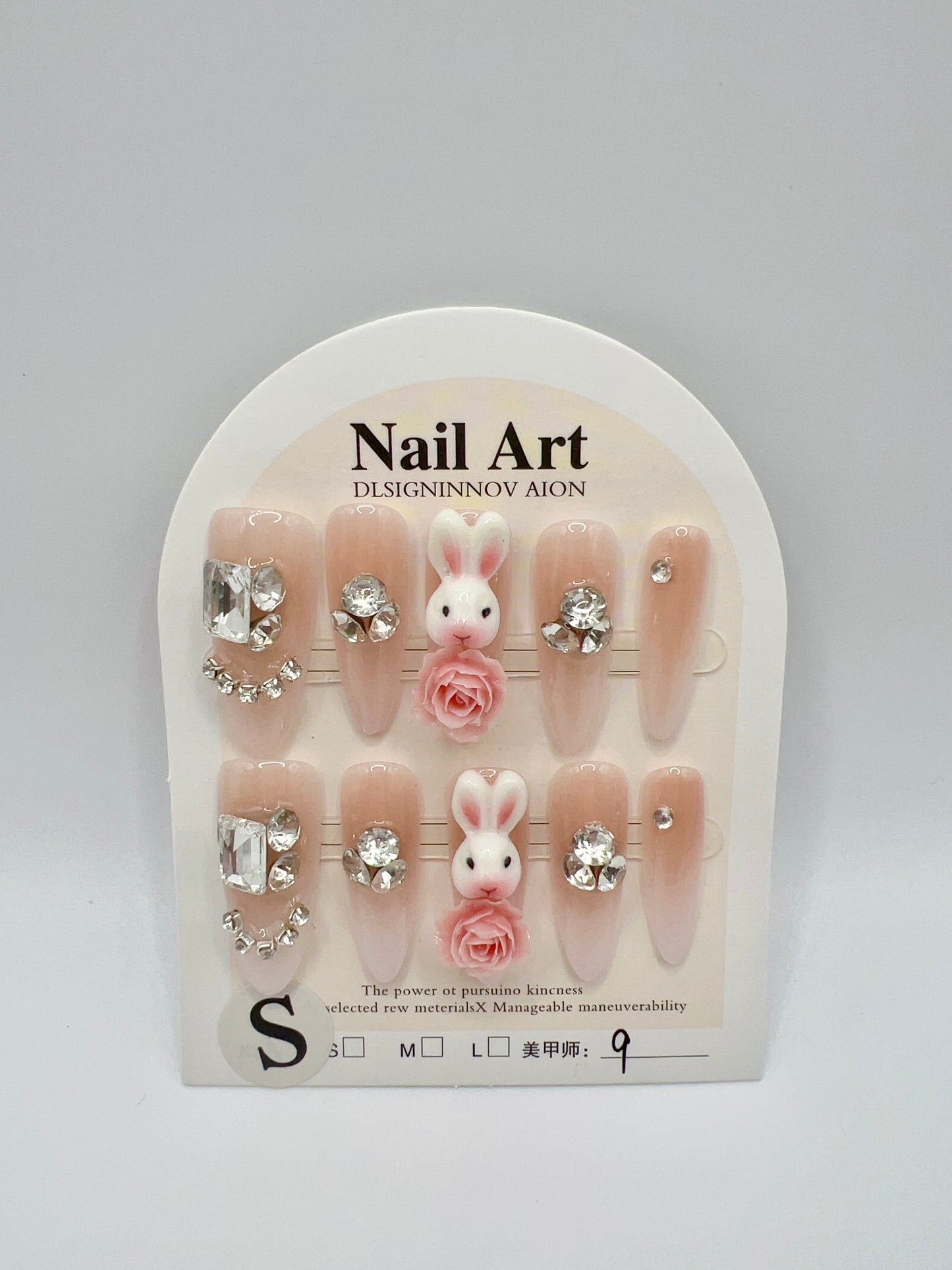 Long Oval Press-On Nails with Rhinestone, Bunny & 2D Flower Charms – Small Size