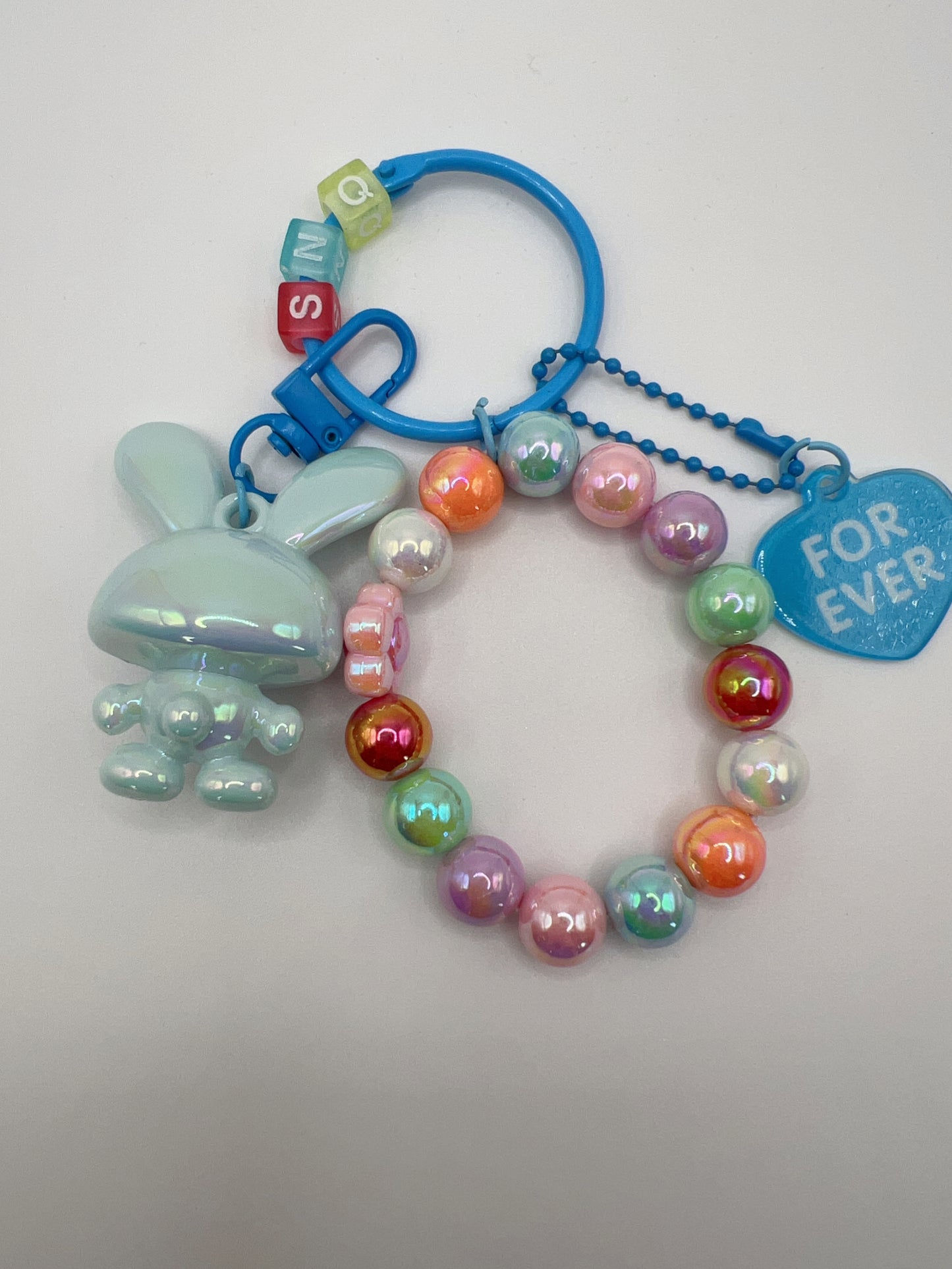 Bright Lacquered Shine Bunny Keychain with Bead Bracelets & Forever Heart Charm – Detachable Cute Bag Chain Accessory, 6 Colors