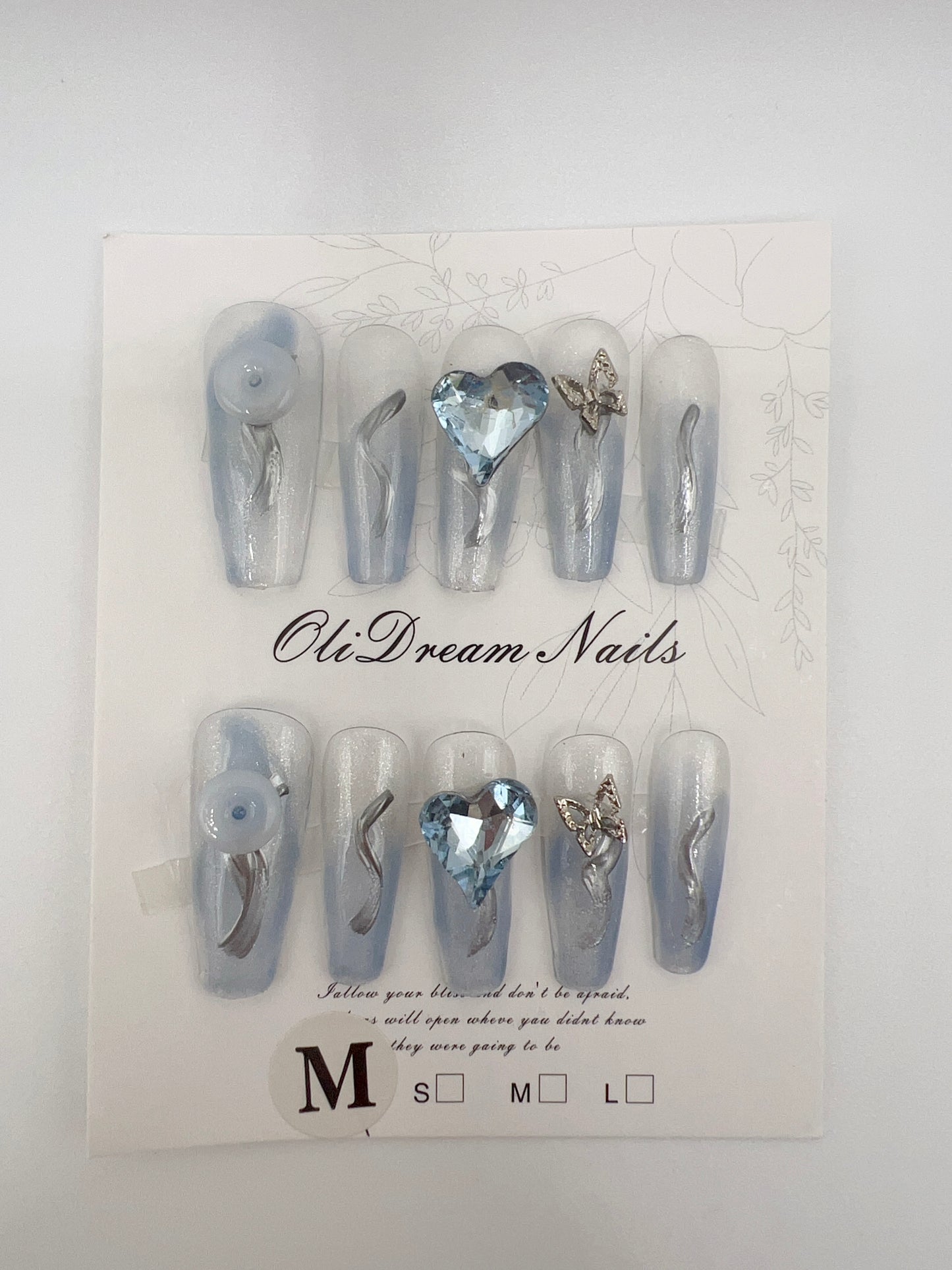Blue Long Coffin Press On Nails with Rhinestone – Medium Size