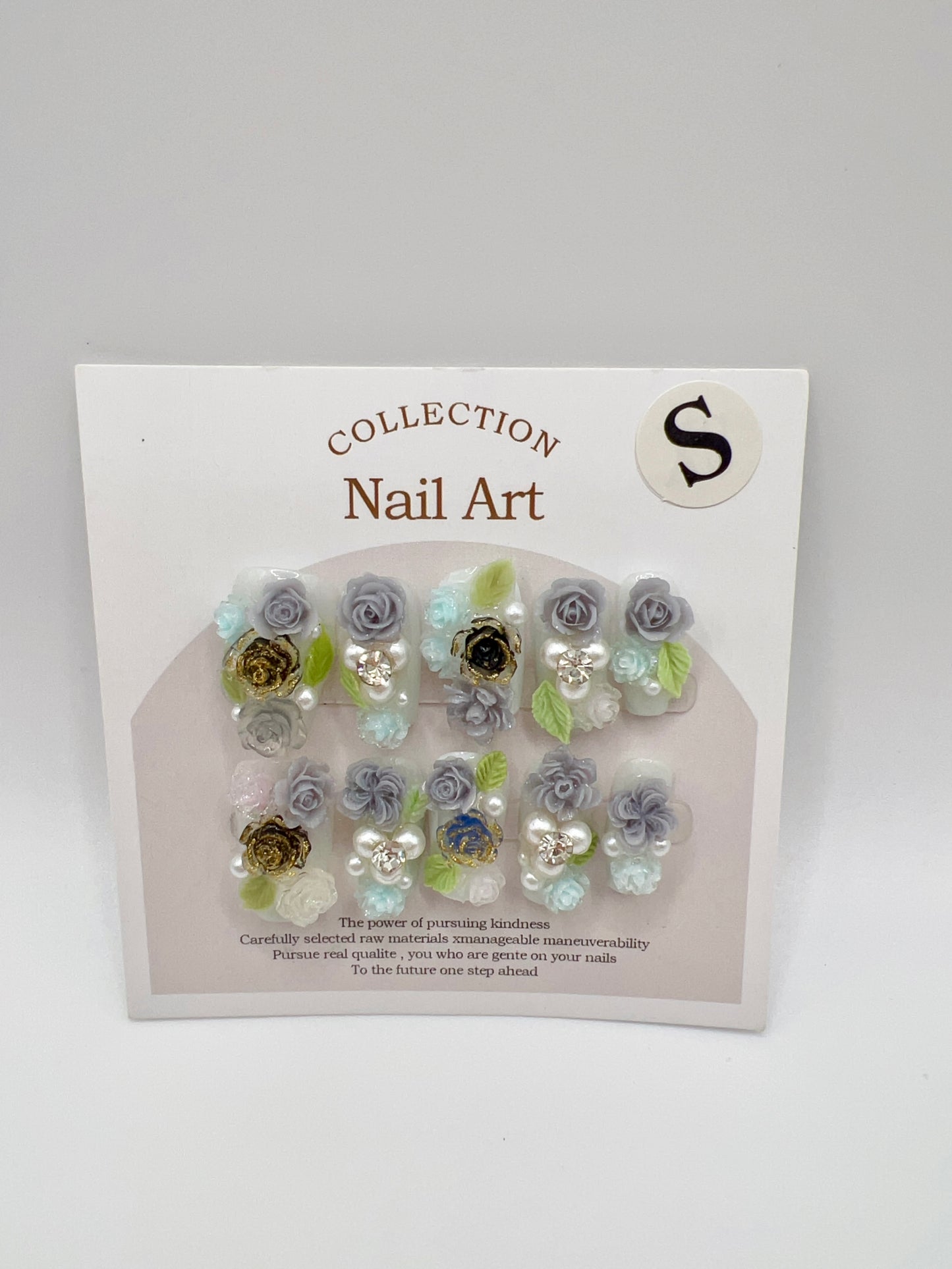 Short Coffin Press On Nails with 2D Flowers and Pearl – Small Size