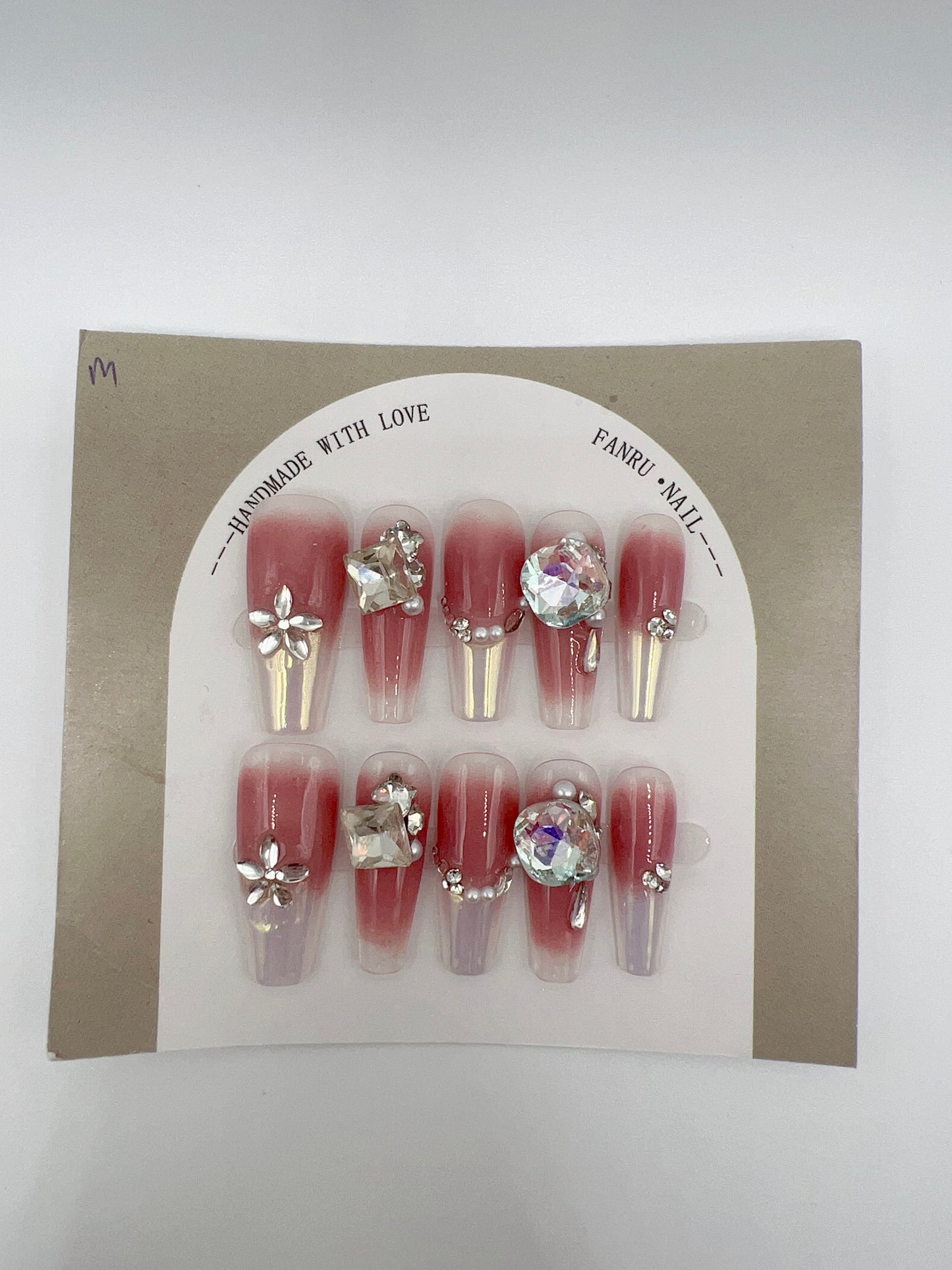 Long Coffin Pink Gradient Press On Nails with Rhinestone and Pearl