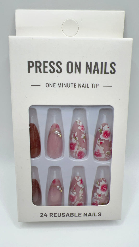 24 pcs Almond Press-On Nails – Flower, Pink, Fashionable Style