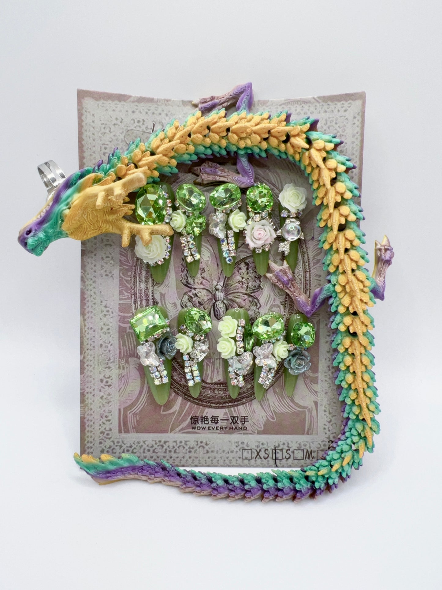 Luxury Rhinestone Press-On Nails with 3D Flower Charms & Dragon Rings – Long Stiletto, Small Size, Reusable