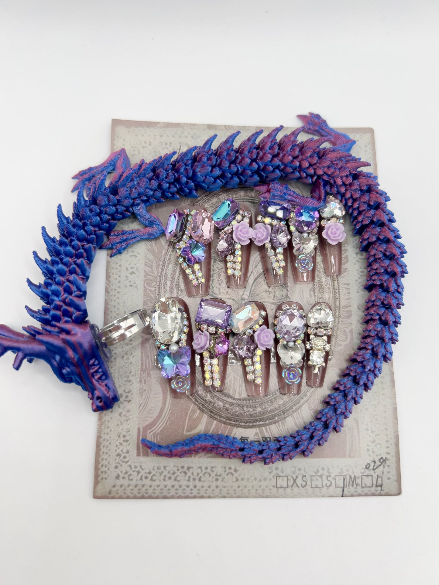 Luxury Rhinestone Press-On Nails with 3D Flower Charms & Dragon Rings – Long Coffin, Medium Size, Reusable
