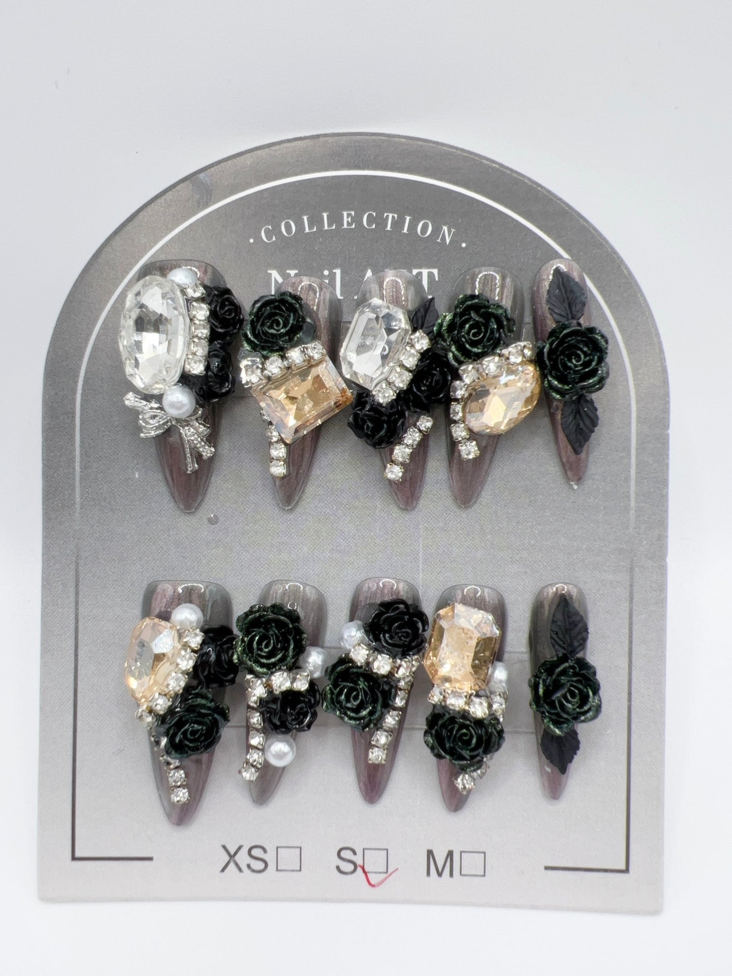 Luxury Rhinestone Press-On Nails with 3D Flower Charms – Long Stiletto, Small Size, Reusable