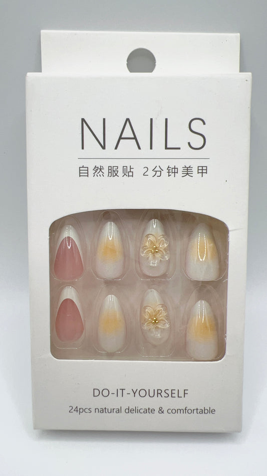 24pcs Almond Press On Nails Flower Yellow Gradient Fit All Sizes Elegant